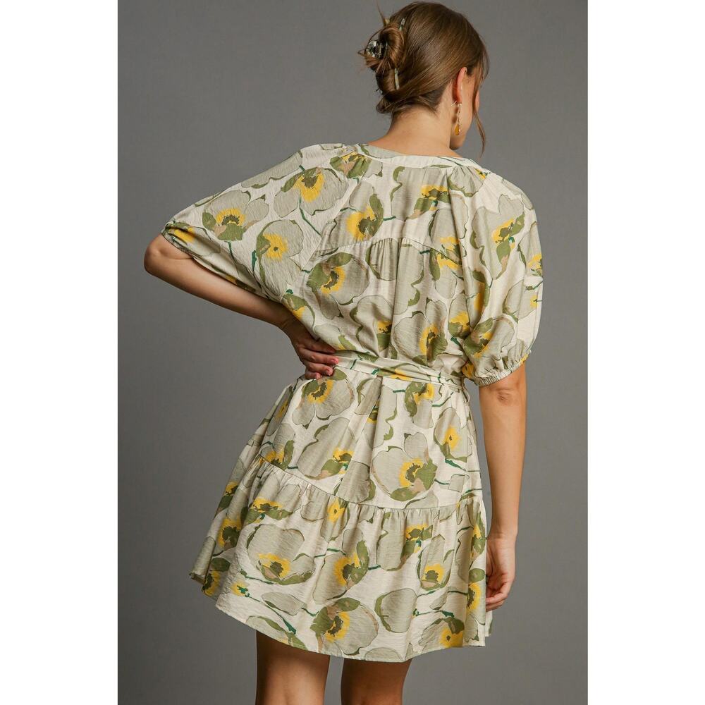 Umgee NWT Floral Tie Waist Fall Mini Dress Boho Neutral Sz S - Picture 4 of 9
